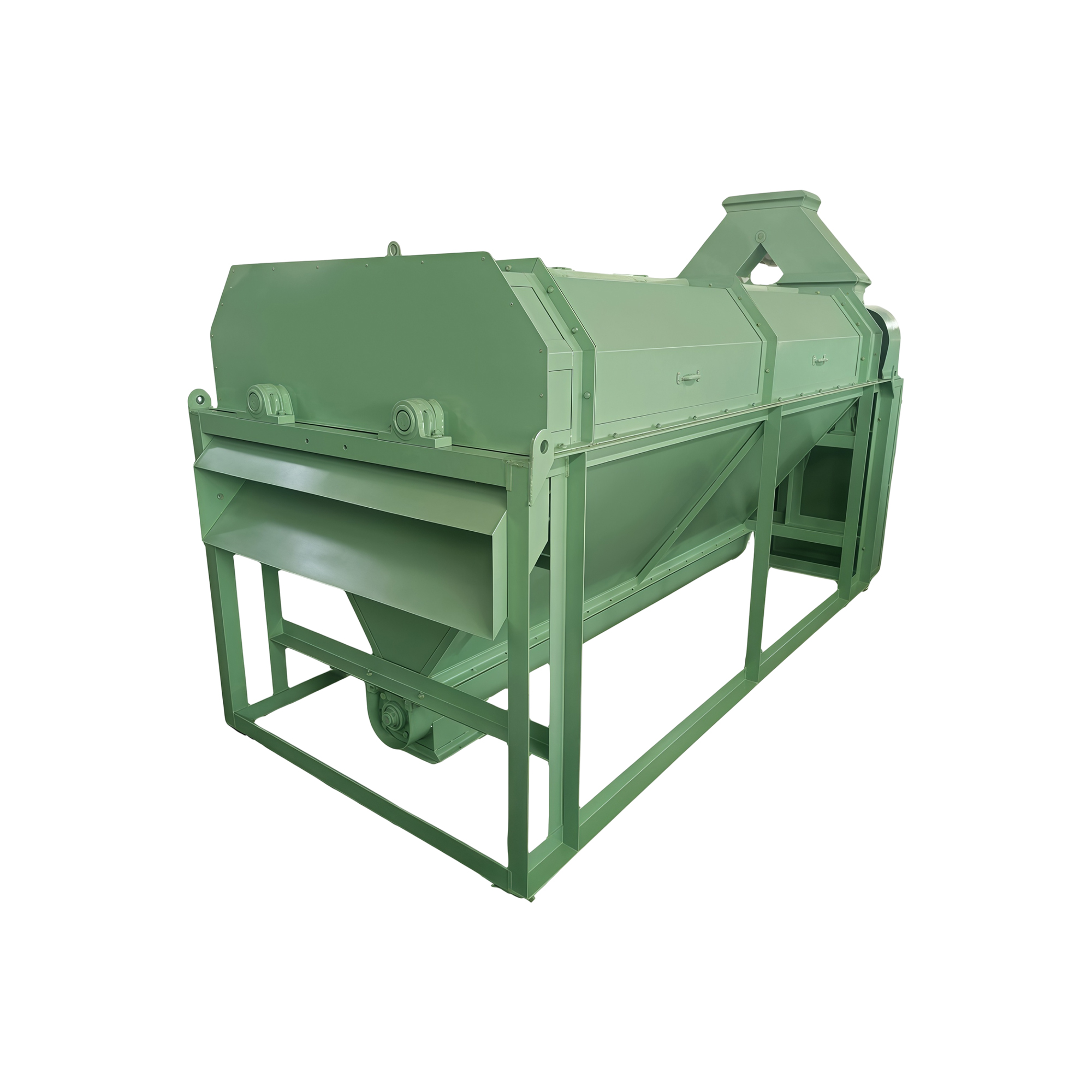 Circular screen cleaning machine on a steel frame with a feed hopper